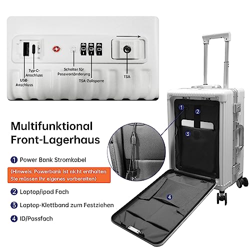 Turmaster Patented Airline Genehmigt Handgepäck mit Spinner-Rädern, 20 Zoll Koffer mit Aluminiumrahmen, integriertes TSA-Schloss, Handy-Halterung Reisekoffer (Weiß)