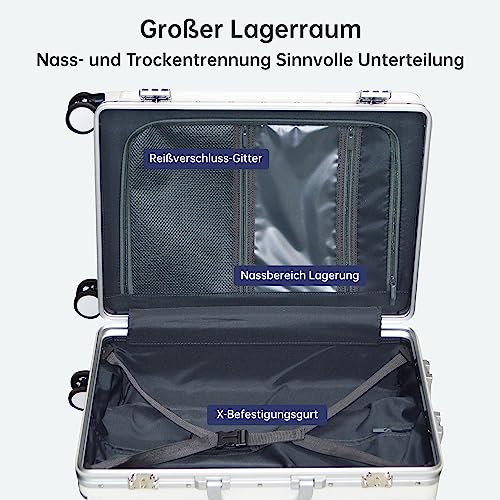 Turmaster Patented Airline Genehmigt Handgepäck mit Spinner-Rädern, 20 Zoll Koffer mit Aluminiumrahmen, integriertes TSA-Schloss, Handy-Halterung Reisekoffer (Weiß)