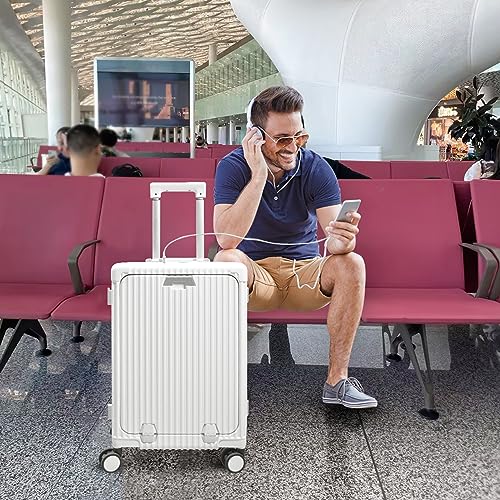 Turmaster Patented Airline Genehmigt Handgepäck mit Spinner-Rädern, 20 Zoll Koffer mit Aluminiumrahmen, integriertes TSA-Schloss, Handy-Halterung Reisekoffer (Weiß)