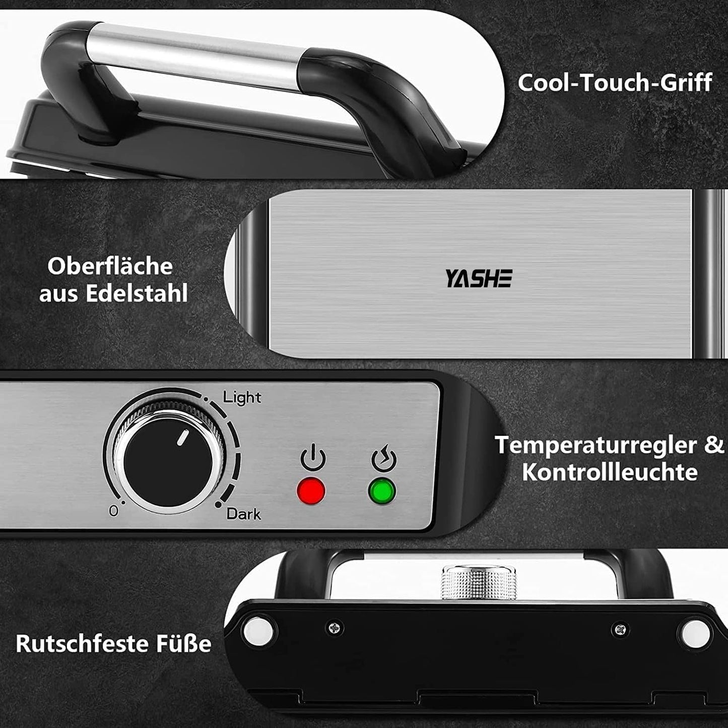 YASHE Kontaktgrill, 4 Scheiben Panini Grill Antihaftbeschichtete Platten, 1800W Toaster Sandwichtoaster mit Temperaturkontrolle, Kontrollleuchte, Öffnet 180 Grad, Abnehmbare Tropfschale, Schwarz