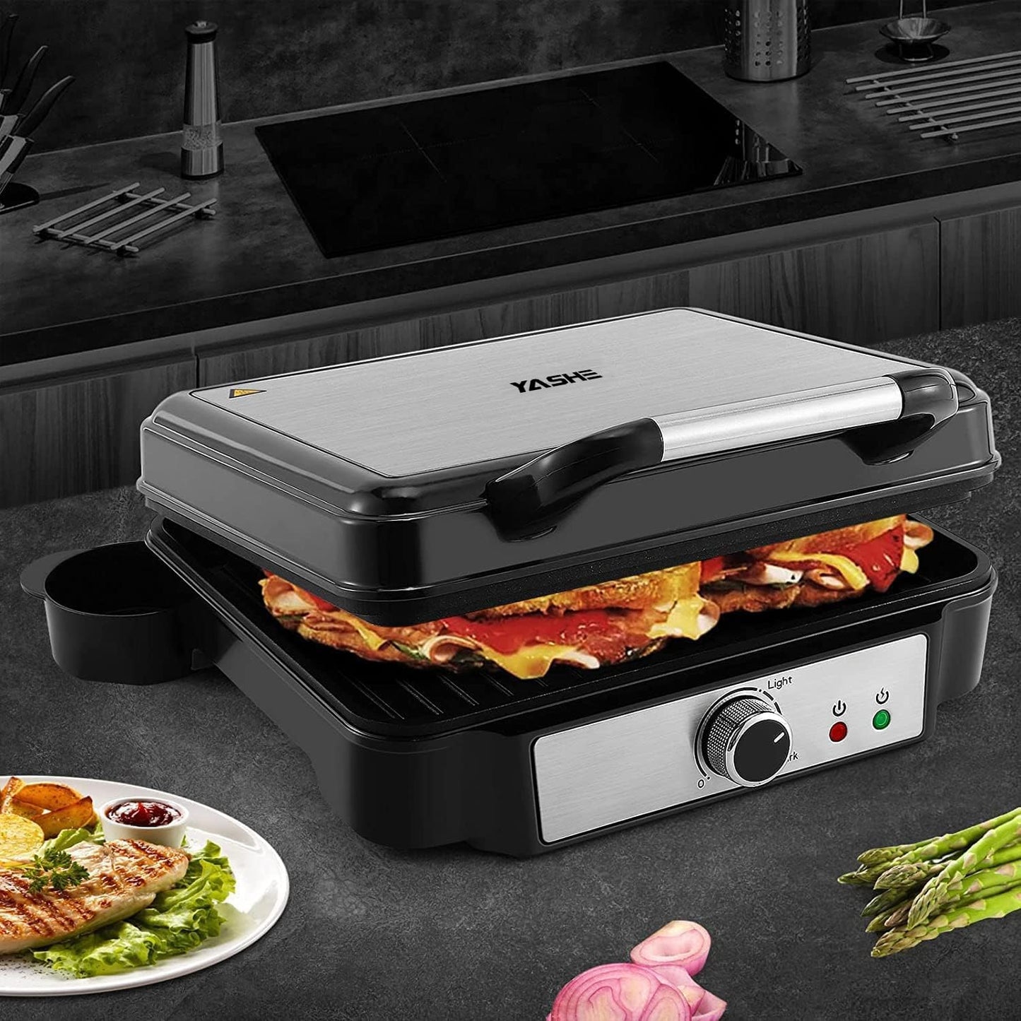 YASHE Kontaktgrill, 4 Scheiben Panini Grill Antihaftbeschichtete Platten, 1800W Toaster Sandwichtoaster mit Temperaturkontrolle, Kontrollleuchte, Öffnet 180 Grad, Abnehmbare Tropfschale, Schwarz