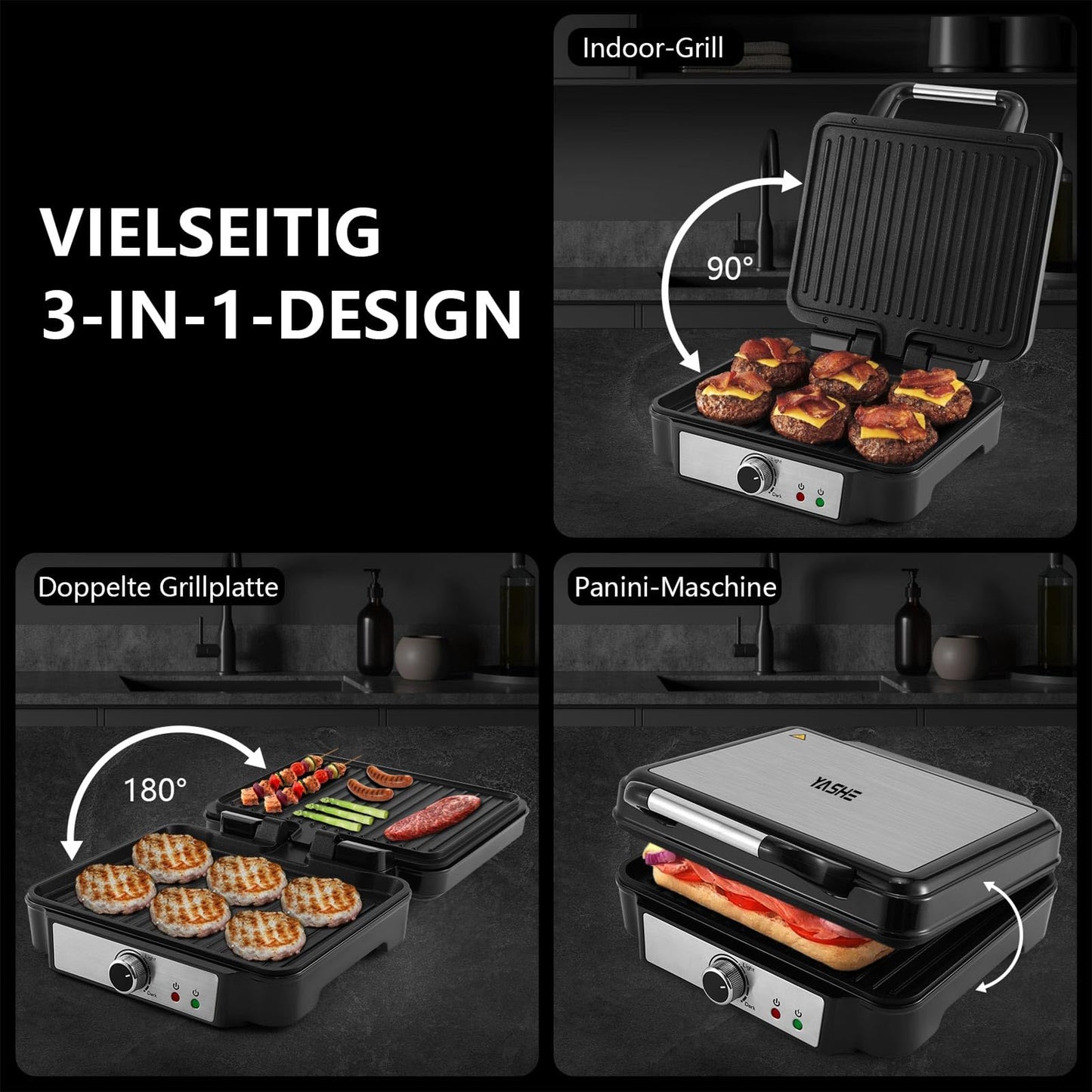 YASHE Kontaktgrill, 4 Scheiben Panini Grill Antihaftbeschichtete Platten, 1800W Toaster Sandwichtoaster mit Temperaturkontrolle, Kontrollleuchte, Öffnet 180 Grad, Abnehmbare Tropfschale, Schwarz