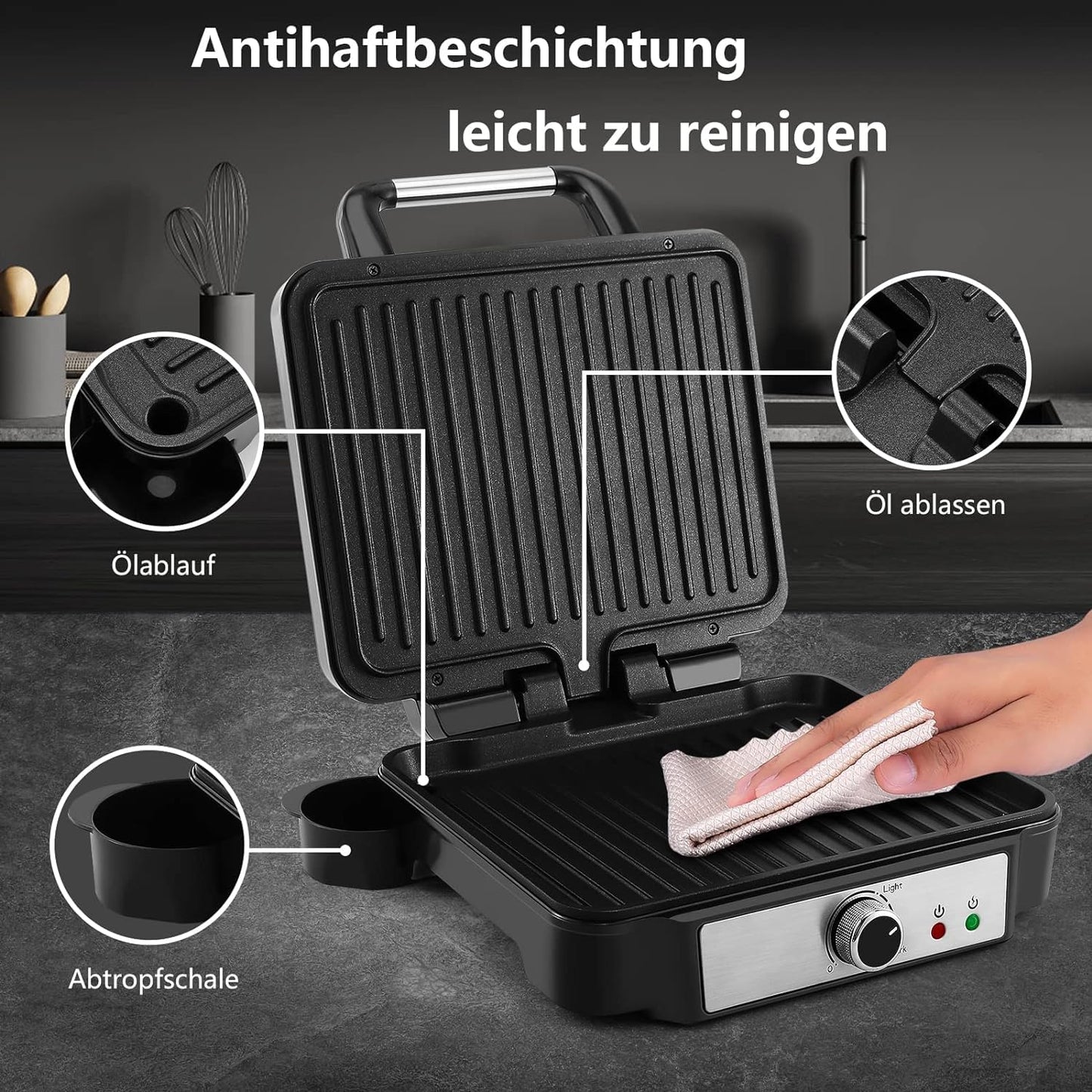 YASHE Kontaktgrill, 4 Scheiben Panini Grill Antihaftbeschichtete Platten, 1800W Toaster Sandwichtoaster mit Temperaturkontrolle, Kontrollleuchte, Öffnet 180 Grad, Abnehmbare Tropfschale, Schwarz