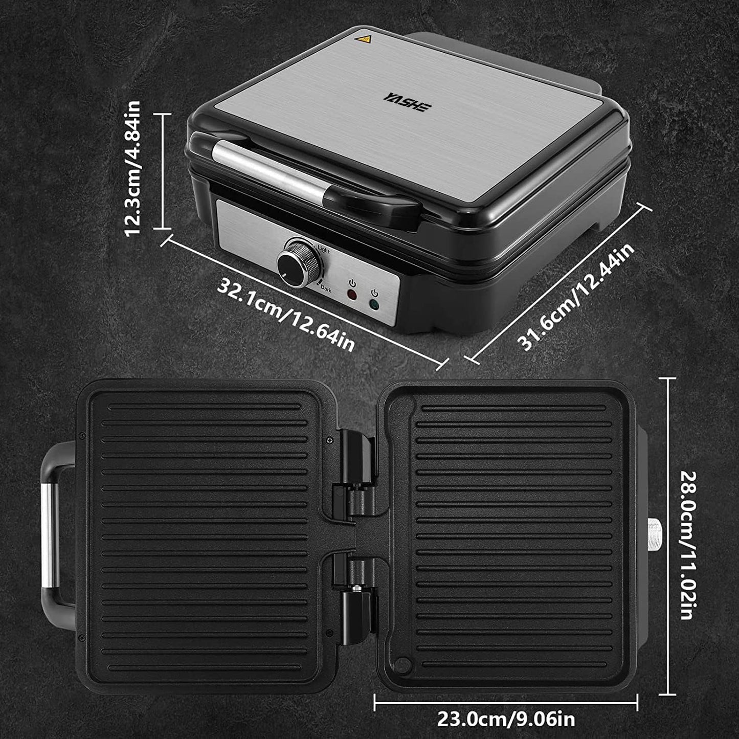 YASHE Kontaktgrill, 4 Scheiben Panini Grill Antihaftbeschichtete Platten, 1800W Toaster Sandwichtoaster mit Temperaturkontrolle, Kontrollleuchte, Öffnet 180 Grad, Abnehmbare Tropfschale, Schwarz