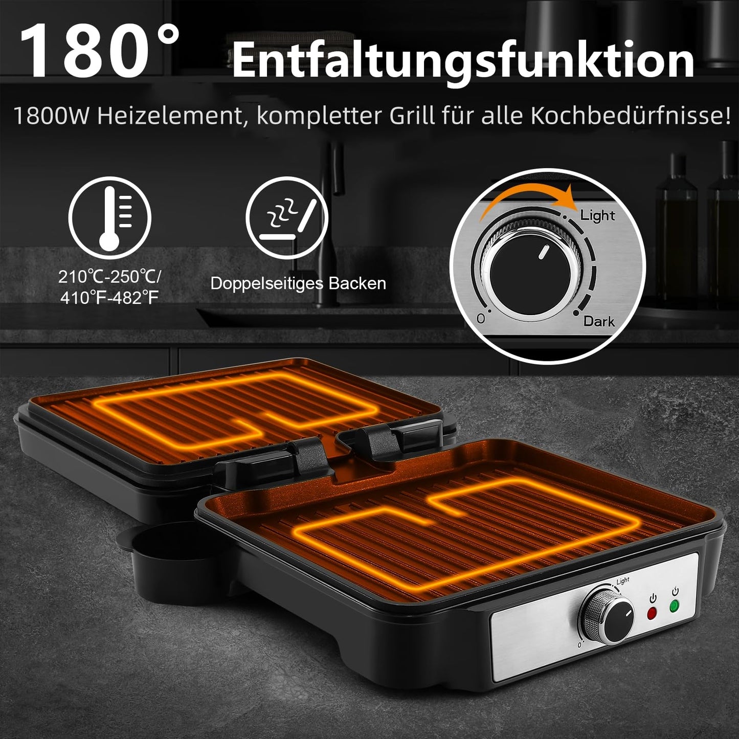 YASHE Kontaktgrill, 4 Scheiben Panini Grill Antihaftbeschichtete Platten, 1800W Toaster Sandwichtoaster mit Temperaturkontrolle, Kontrollleuchte, Öffnet 180 Grad, Abnehmbare Tropfschale, Schwarz