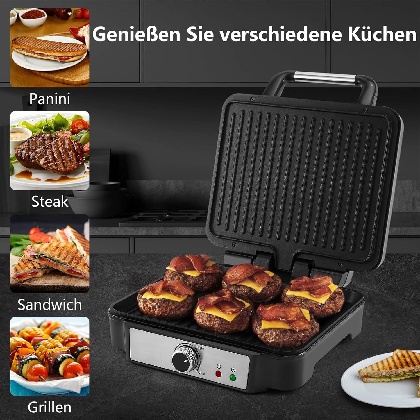 YASHE Kontaktgrill, 4 Scheiben Panini Grill Antihaftbeschichtete Platten, 1800W Toaster Sandwichtoaster mit Temperaturkontrolle, Kontrollleuchte, Öffnet 180 Grad, Abnehmbare Tropfschale, Schwarz