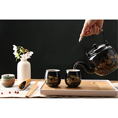 Dujust Japanisches Teeservice, Schwarzes Porzellan Teeservice mit 1 Teekanne, 6 Teetassen, 1 Teetablett, 1 Siebeinsatz, Schönes Asiatische Teekanne Set mit Tasse für Teeliebhaber (Landschaft in Gold)