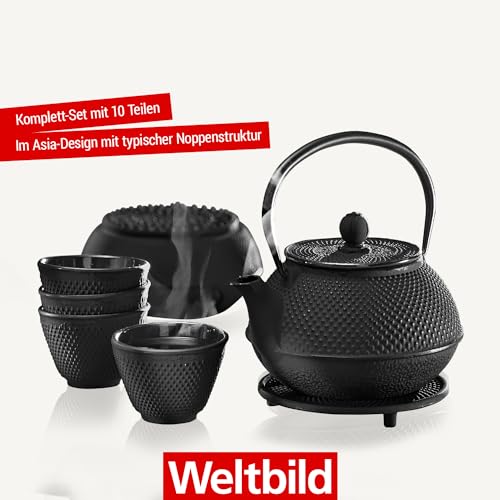 Weltbild Asia-Teekanne Gusseisen Set - Japanische Teekanne Gusseisen Set mit Untersetzer, Stövchen & 4x Becher auch als Geschenkset Tee Teekanne mit Siebeinsatz als japanisches Geschirr Tee Set