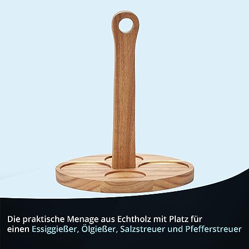 KHG Menage Set Keramik Steingut poliert, Anthrazit Grau mit Holz-Halterung für Öl Essig Salz & Pfeffer für den Tisch mit Beschriftung | Öl- & Gewürze-Vorrat 5-teilig mit Schutz-Deckel