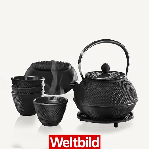 Weltbild Asia-Teekanne Gusseisen Set - Japanische Teekanne Gusseisen Set mit Untersetzer, Stövchen & 4x Becher auch als Geschenkset Tee Teekanne mit Siebeinsatz als japanisches Geschirr Tee Set