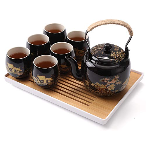 Dujust Japanisches Teeservice, Schwarzes Porzellan Teeservice mit 1 Teekanne, 6 Teetassen, 1 Teetablett, 1 Siebeinsatz, Schönes Asiatische Teekanne Set mit Tasse für Teeliebhaber (Landschaft in Gold)