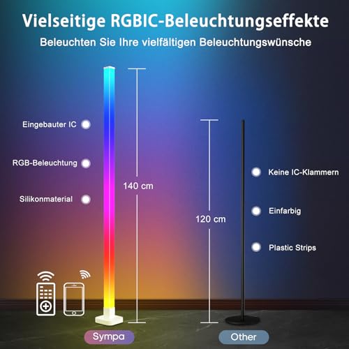 sympa RGB LED Stehlampe Wohnzimmer, WiFi Stehlampe Dimmbar mit Fernbedienung und App-Steuerung, 16 Millionen Farben, 58 Szenenmodi, Musikmodi, DIY-Modus & Timing -Funktion für Schlafzimmer Gaming