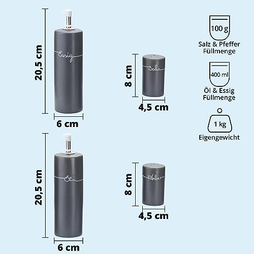 KHG Menage Set Keramik Steingut poliert, Anthrazit Grau mit Holz-Halterung für Öl Essig Salz & Pfeffer für den Tisch mit Beschriftung | Öl- & Gewürze-Vorrat 5-teilig mit Schutz-Deckel