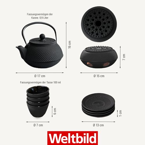 Weltbild Asia-Teekanne Gusseisen Set - Japanische Teekanne Gusseisen Set mit Untersetzer, Stövchen & 4x Becher auch als Geschenkset Tee Teekanne mit Siebeinsatz als japanisches Geschirr Tee Set