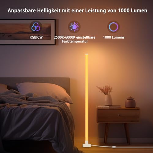 sympa RGB LED Stehlampe Wohnzimmer, WiFi Stehlampe Dimmbar mit Fernbedienung und App-Steuerung, 16 Millionen Farben, 58 Szenenmodi, Musikmodi, DIY-Modus & Timing -Funktion für Schlafzimmer Gaming