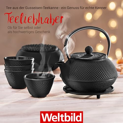 Weltbild Asia-Teekanne Gusseisen Set - Japanische Teekanne Gusseisen Set mit Untersetzer, Stövchen & 4x Becher auch als Geschenkset Tee Teekanne mit Siebeinsatz als japanisches Geschirr Tee Set