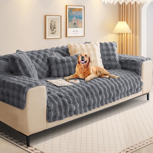 Kaninchen Plüsch Sofabezug L Form 1/2/3/4 Sitzer Sofa Überzug Ecksofa U Form, 2023 Neue Universelle rutschfeste Sofaschoner, Superweiche SofaÜberwurf aus Kunstpelz für Wohnzimmer(Grau, 70 * 180 cm)