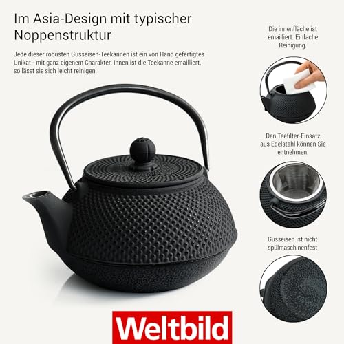 Weltbild Asia-Teekanne Gusseisen Set - Japanische Teekanne Gusseisen Set mit Untersetzer, Stövchen & 4x Becher auch als Geschenkset Tee Teekanne mit Siebeinsatz als japanisches Geschirr Tee Set